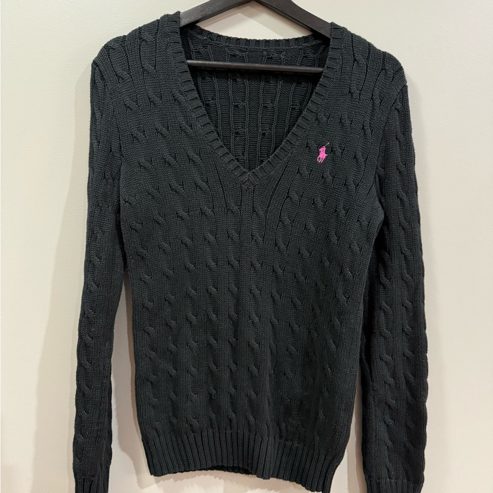 Ralph Lauren Black V-Neck Sweater with Pink Logo